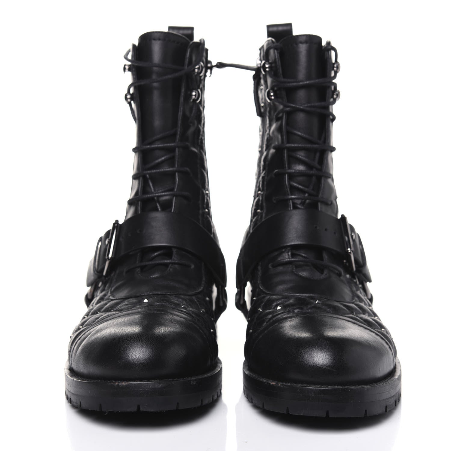 Valentino Garavani Crackled Lambskin Rockstud Spike 20mm Combat Boots 37.5 Black 2 of 15