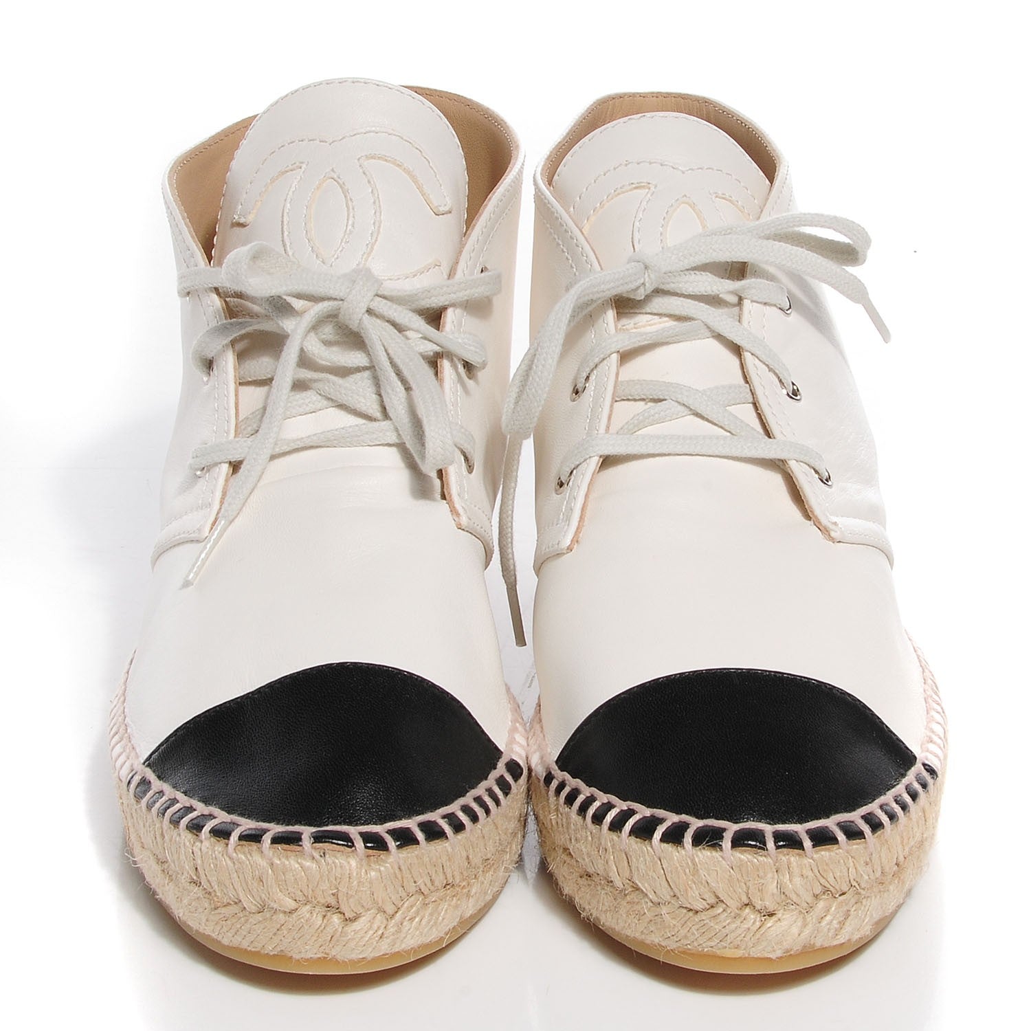 Chanel Lambskin Cap Toe Lace Up Espadrilles 40 White Black 2 of 8