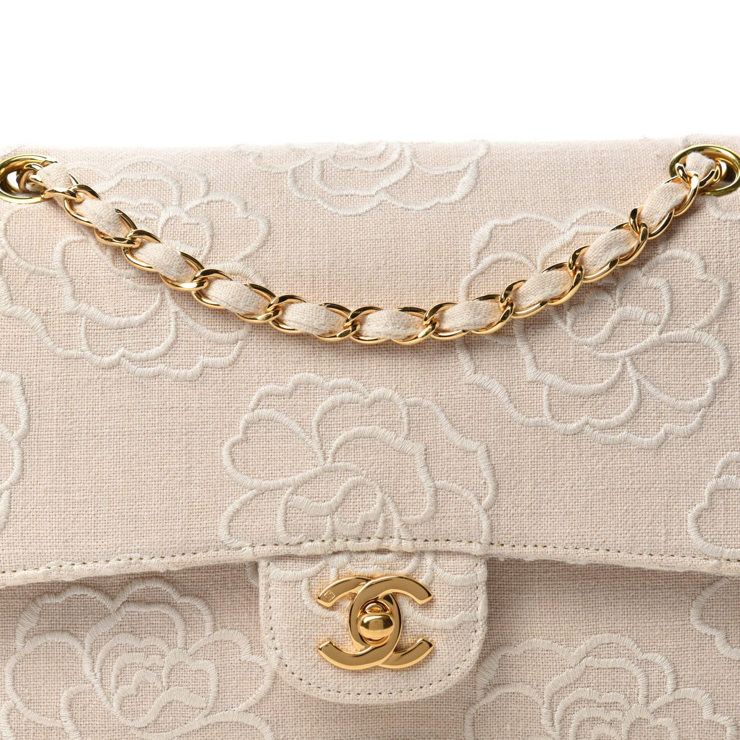 Canvas Camellia Embroidered Medium Double Flap Ivory