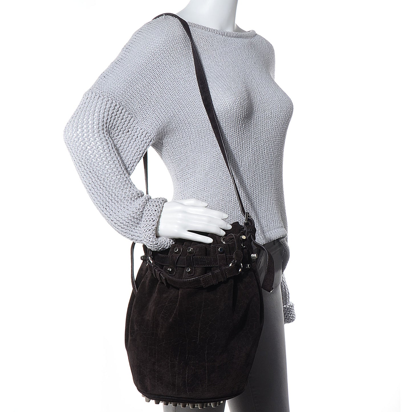 Suede Diego Bucket Bag Dark Brown w Nickel Hardware