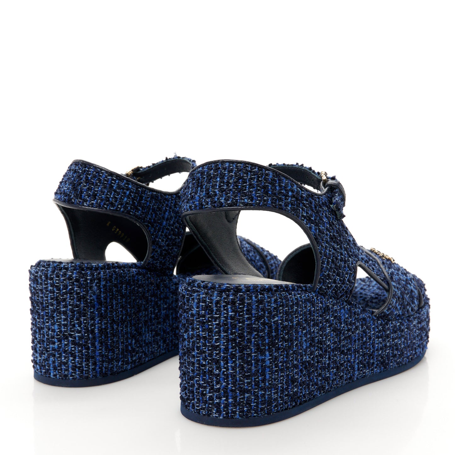 Silk Linen Tweed Quilted CC Platform Sandals 38.5 Navy Blue Gray