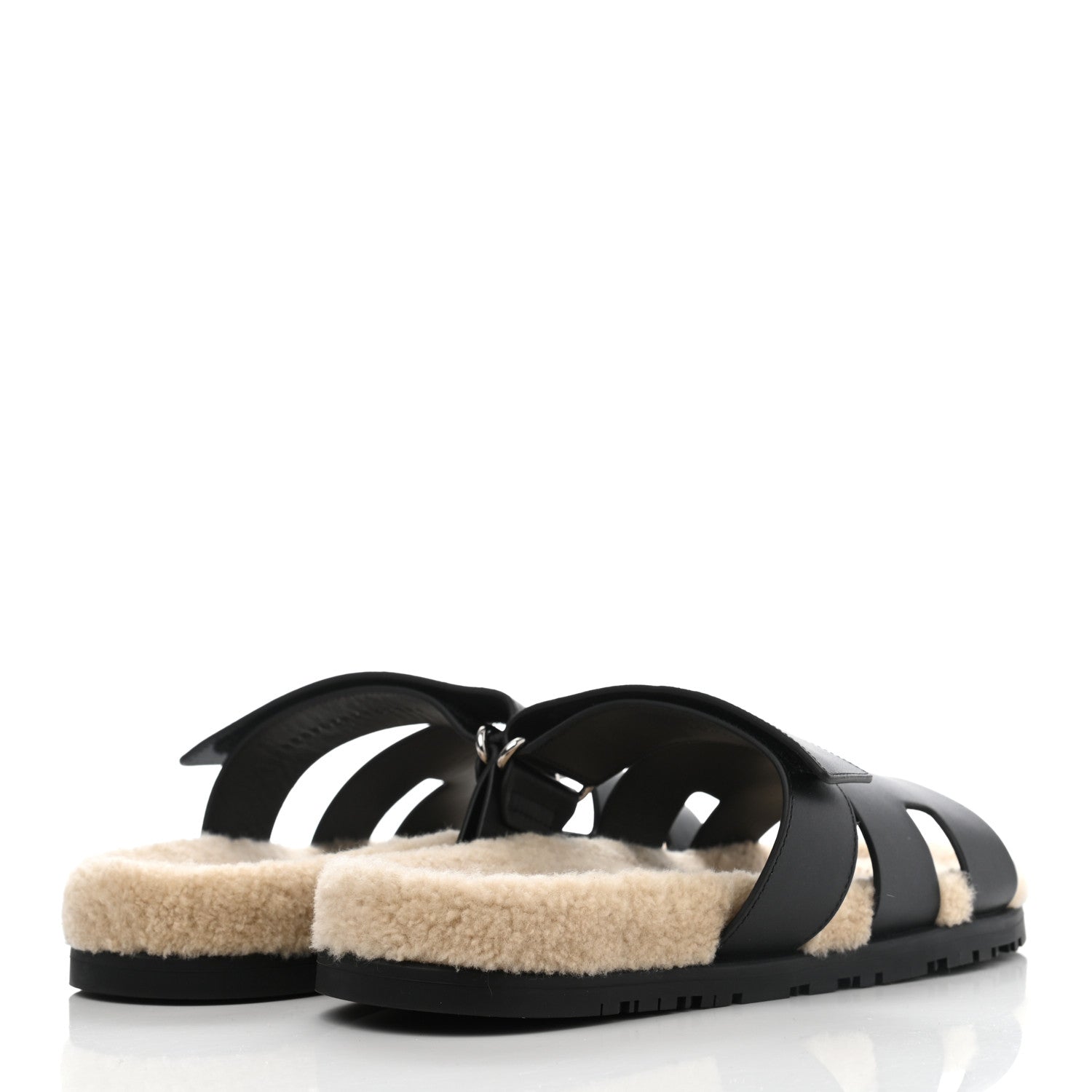 Hermes Veau Indios Woolskin Mens Chypre Sandals 41 Black Ecru 4 of 8