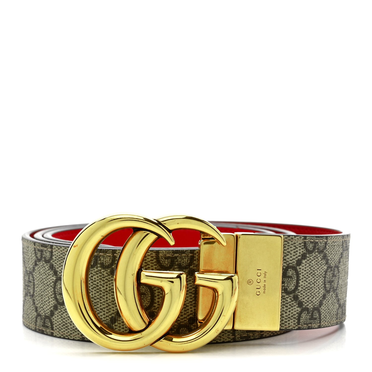Gucci GG Supreme Monogram Plutone Calfskin Double G Reversible 37mm Belt 95 38 Beige Ebony New Cherry Red 1 of 5