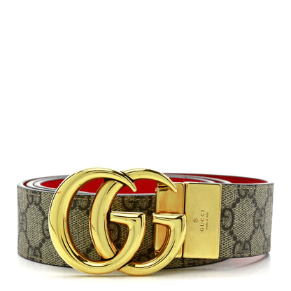 Gucci GG Supreme Monogram Plutone Calfskin Double G Reversible 37mm Belt 95 38 Beige Ebony New Cherry Red 1 of 5