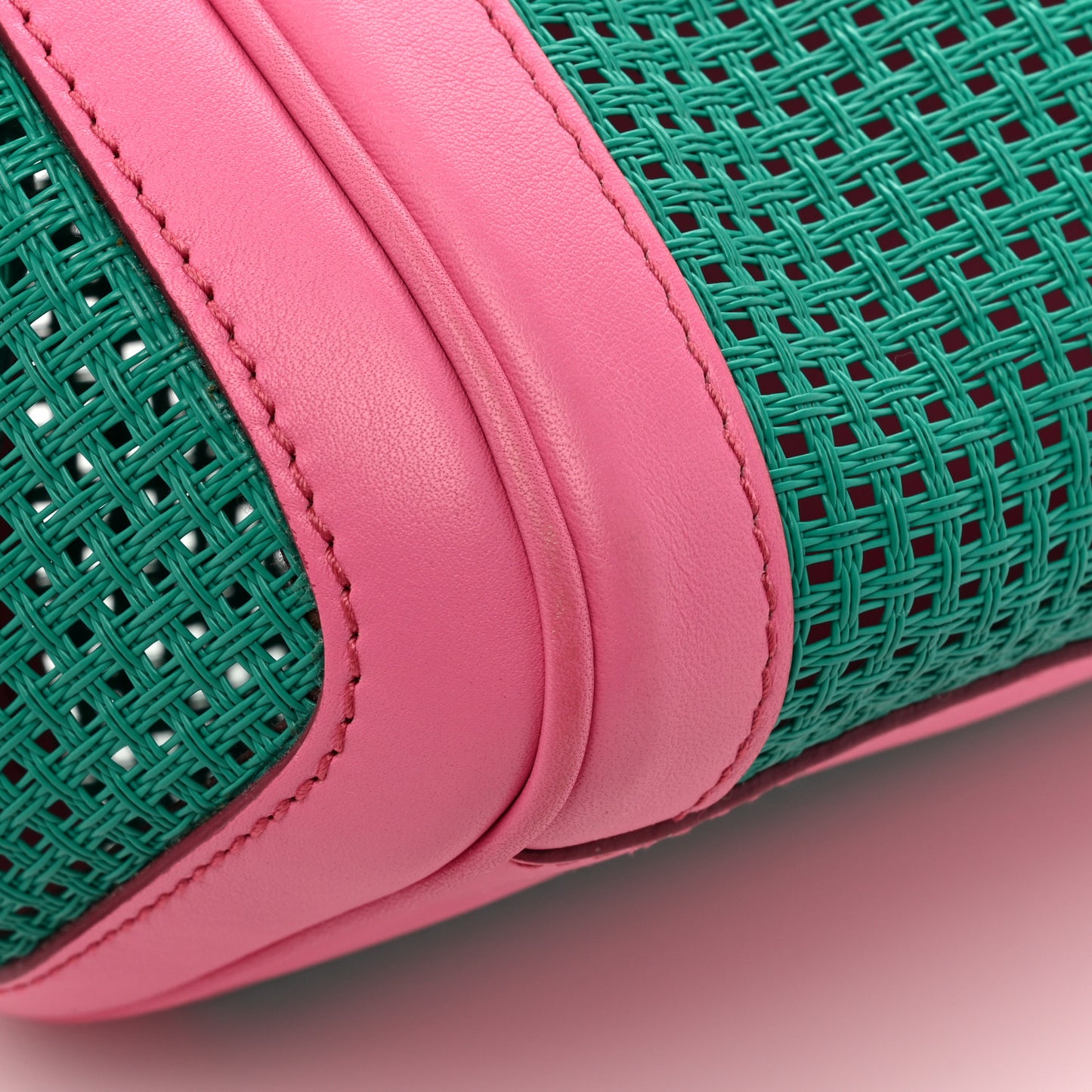 Woven Raffia Calfskin Large Miss Sicily Satchel Green Pink