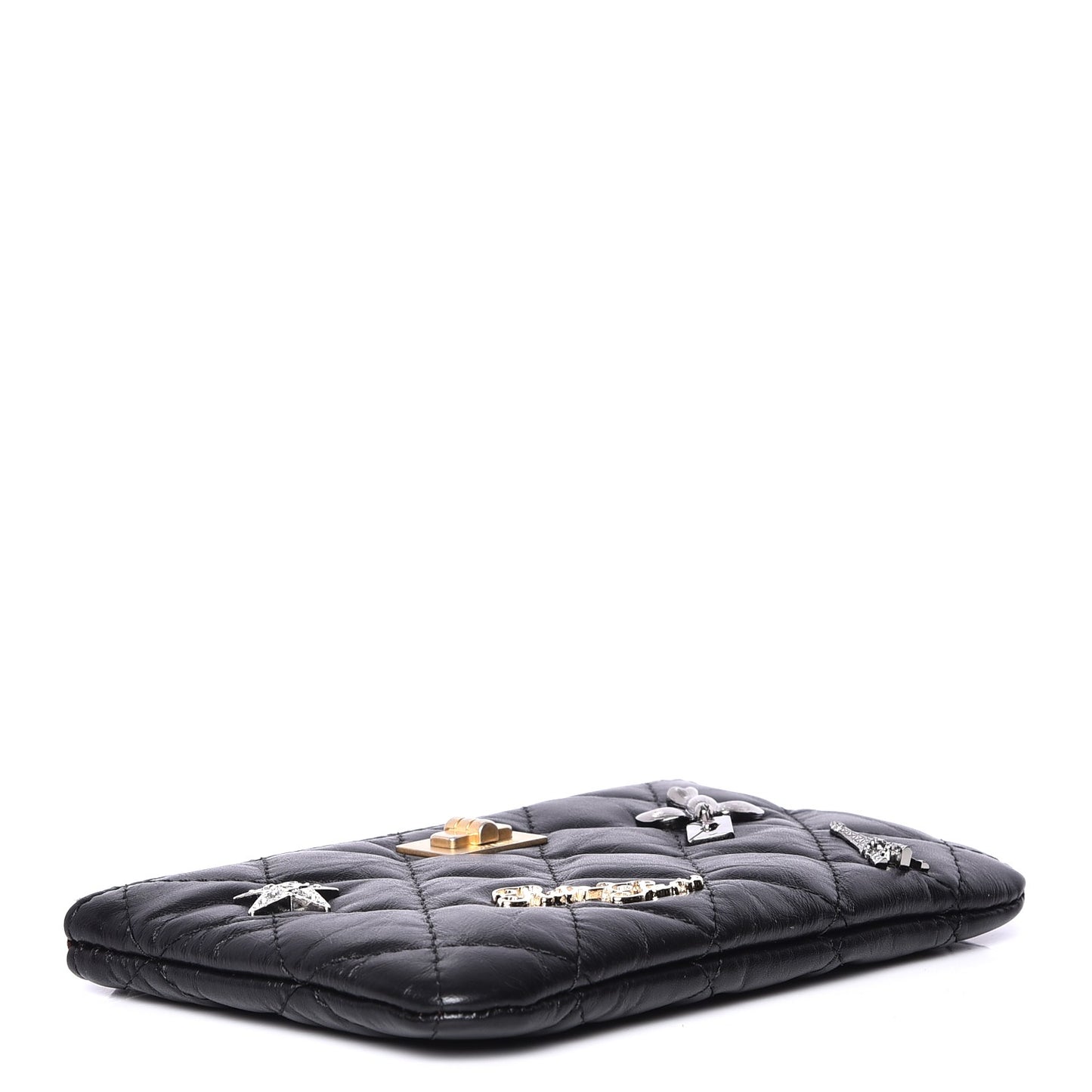 Aged Calfskin Quilted Small Lucky Charms Cosmetic Case Black