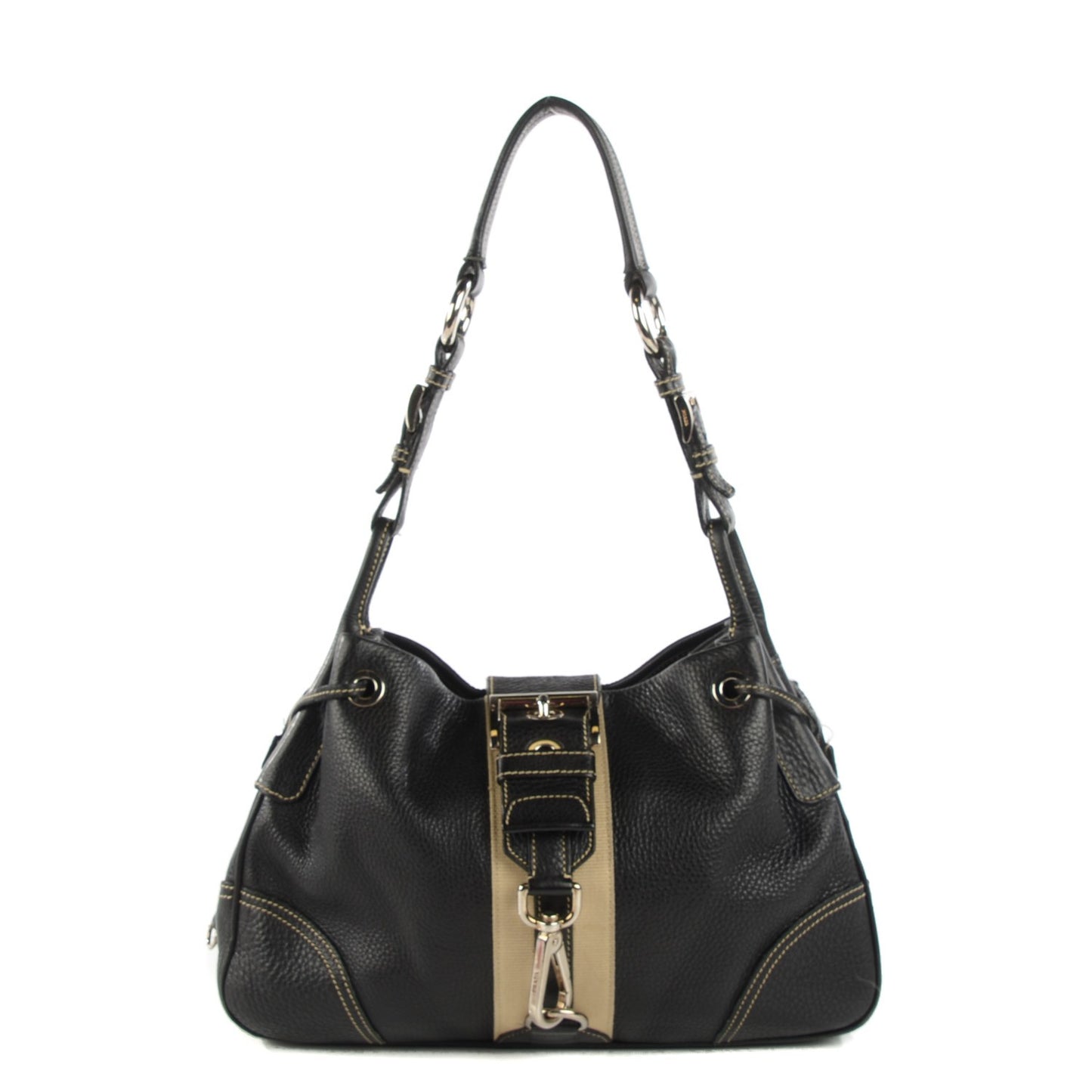 Vitello Daino Stripe Shoulder Bag Nero Black