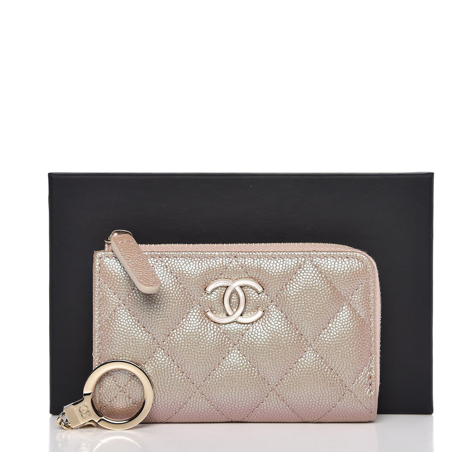 Iridescent Caviar Quilted Key Holder Case Light Gold