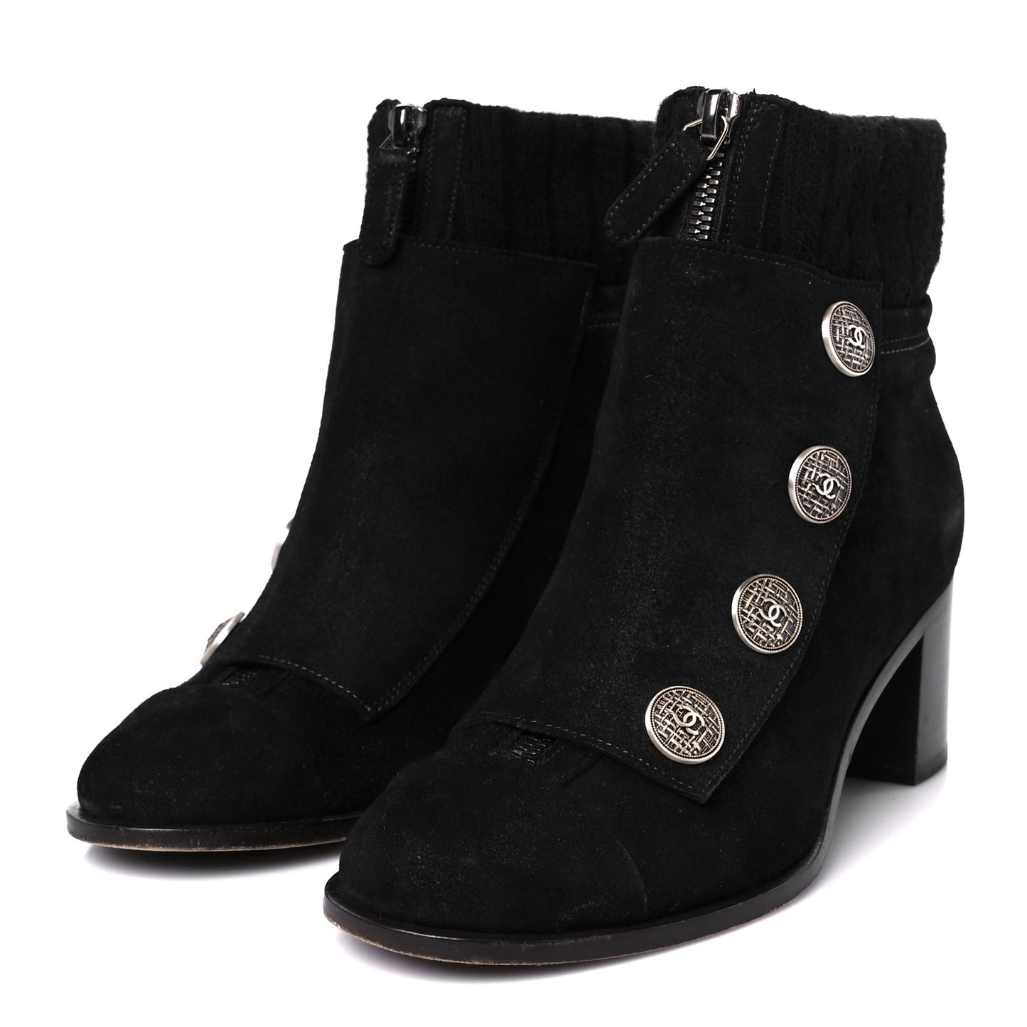 Suede Calfskin Knit Button Ankle Boots 36.5 Black