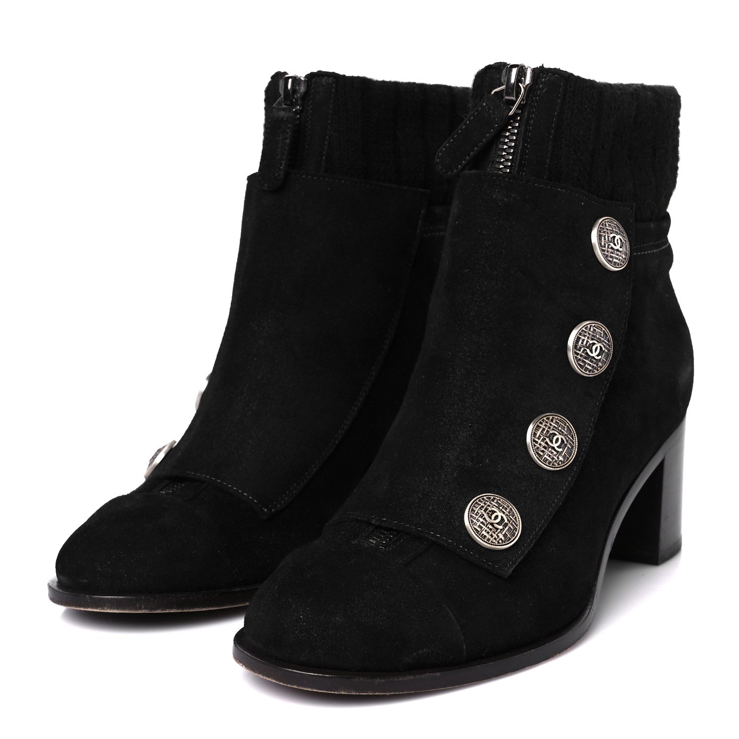 Chanel Suede Calfskin Knit Button Ankle Boots 36.5 Black 4 of 9