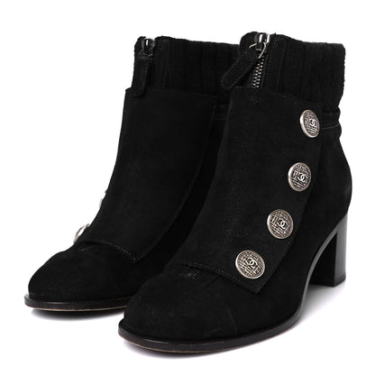 Chanel Suede Calfskin Knit Button Ankle Boots 36.5 Black 4 of 9