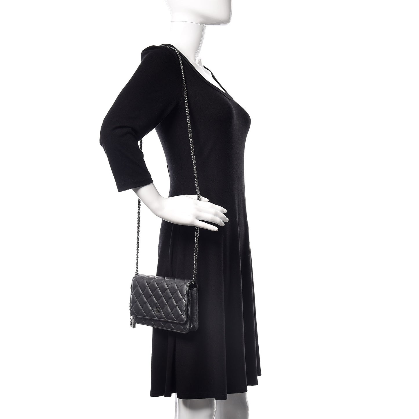 Aged Calfskin Quilted Tassel Wallet On Chain WOC Dark Silver