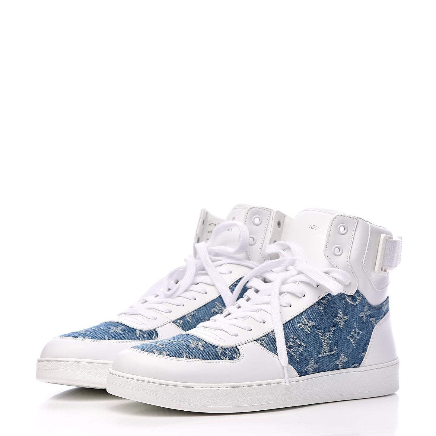 Calfskin Monogram Denim Rivoli High Top Sneakers 10 White