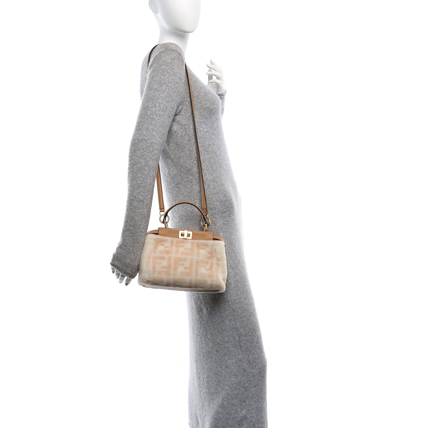 Shearling Nappa Macro FF 1974 Mini Peekaboo Iconic Satchel White Ice Cuoio Miele Scuro