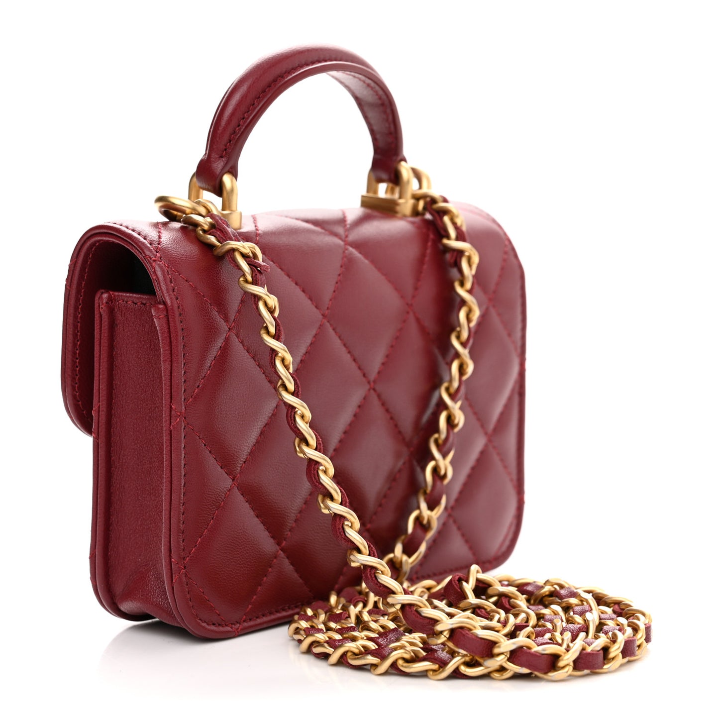 Lambskin Quilted Top Handle Flap Coin Purse With Chain Burgundy