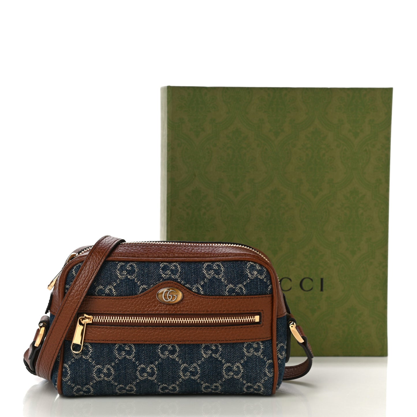 New Denim GG Monogram Dollar Calfskin Mini Ophidia Shoulder Bag Blue Tea Cuir Epilog