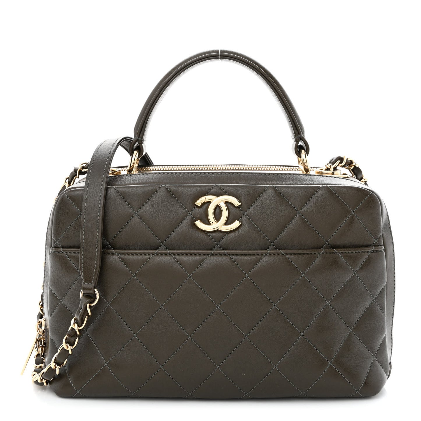 Lambskin Quilted Medium Trendy CC Bowling Bag Dark Khaki