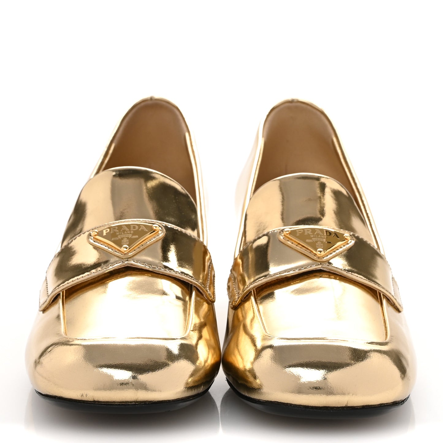 Metallic Patent Metal Triangle Logo 45mm Loafer Pumps 38.5 Platino