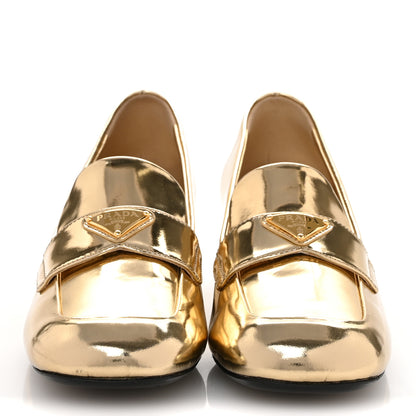 Prada Metallic Patent Metal Triangle Logo 45mm Loafer Pumps 38.5 Platino 3 of 11
