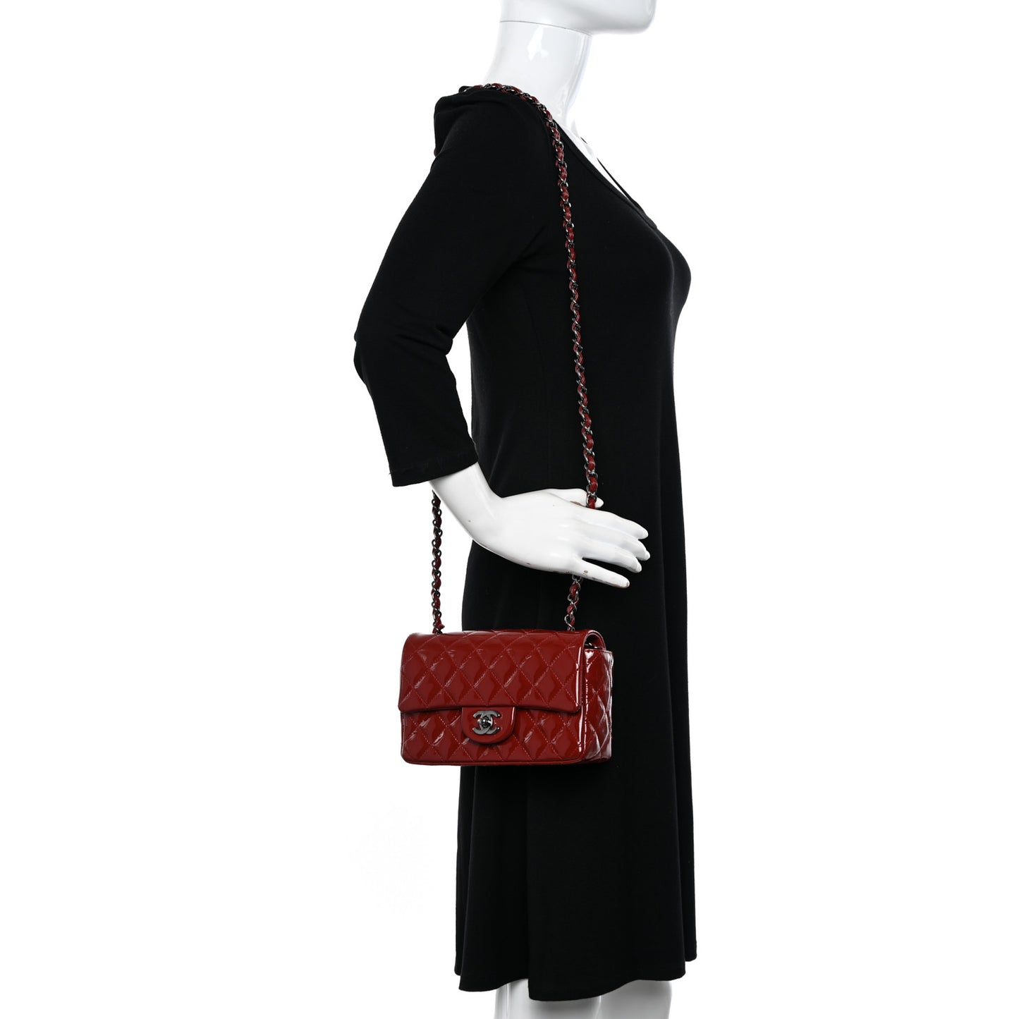 Patent Calfskin Quilted Mini Rectangular Flap Dark Red