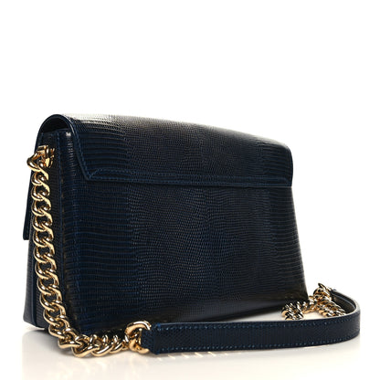 Dolce & Gabbana Stampa Iguana Calfskin Crystal Millennials Chain Shoulder Bag Blue 3 of 11