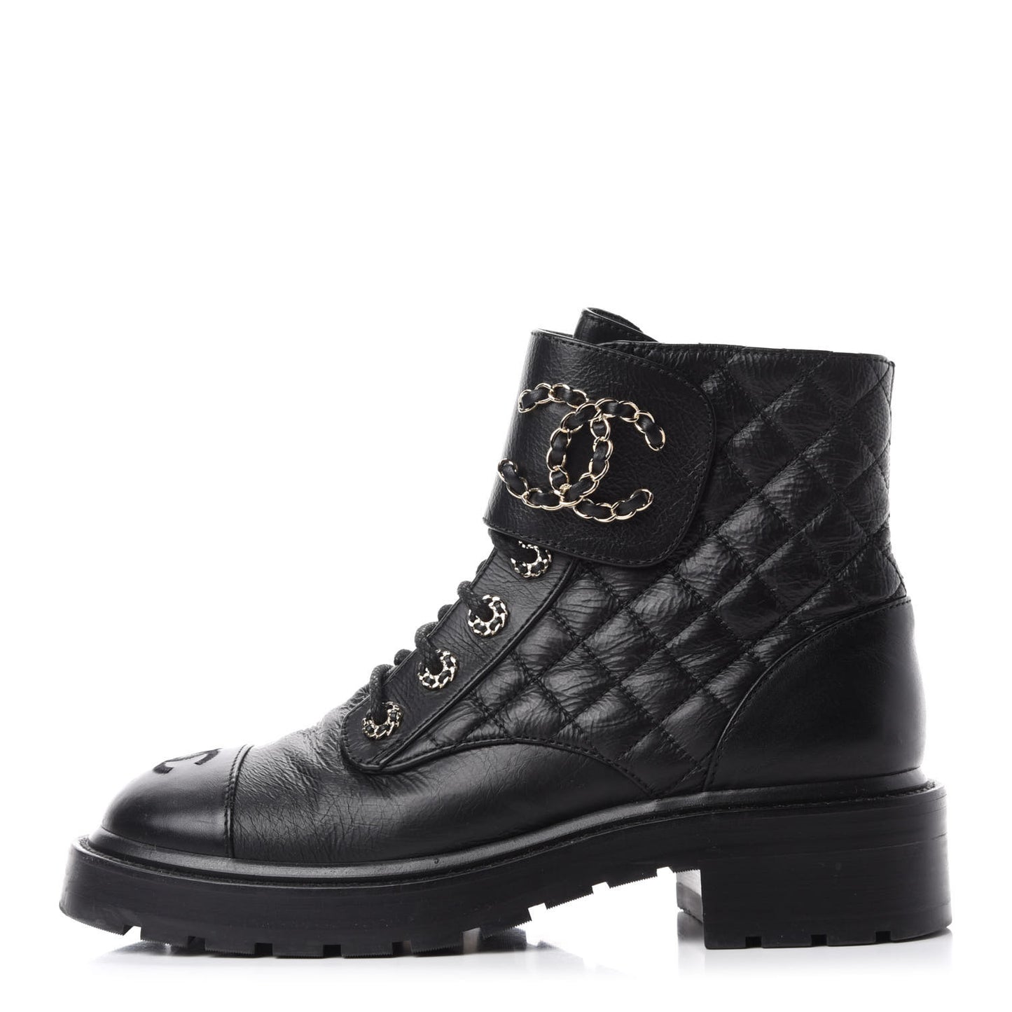 Shiny Goatskin Calfskin Quilted Lace Up Combat Boots 38 Black