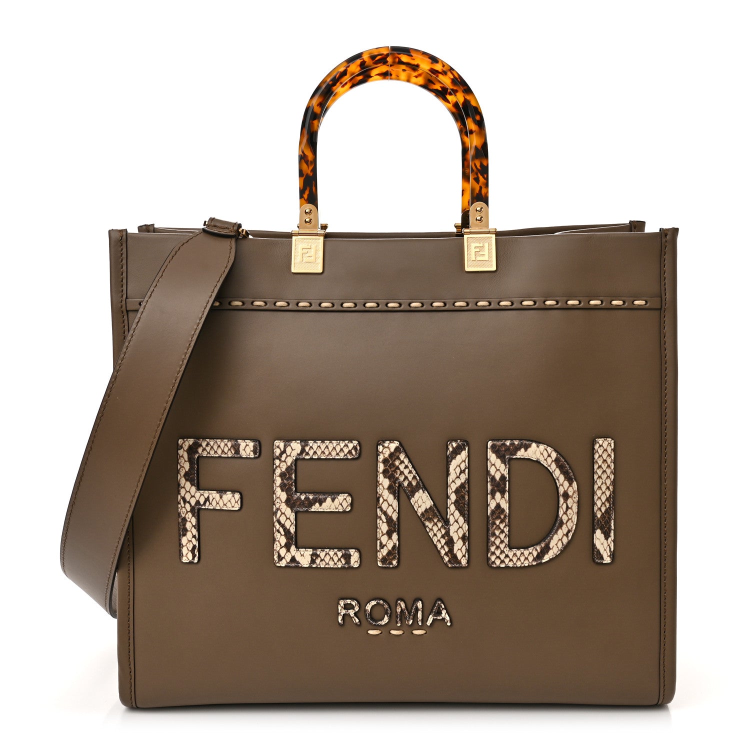 Fendi Vitello King Plexiglass Elaphe Python Print Logo Medium Fendi Sunshine Shopper Tote Tartufo Daisy Roccia 1 of 11