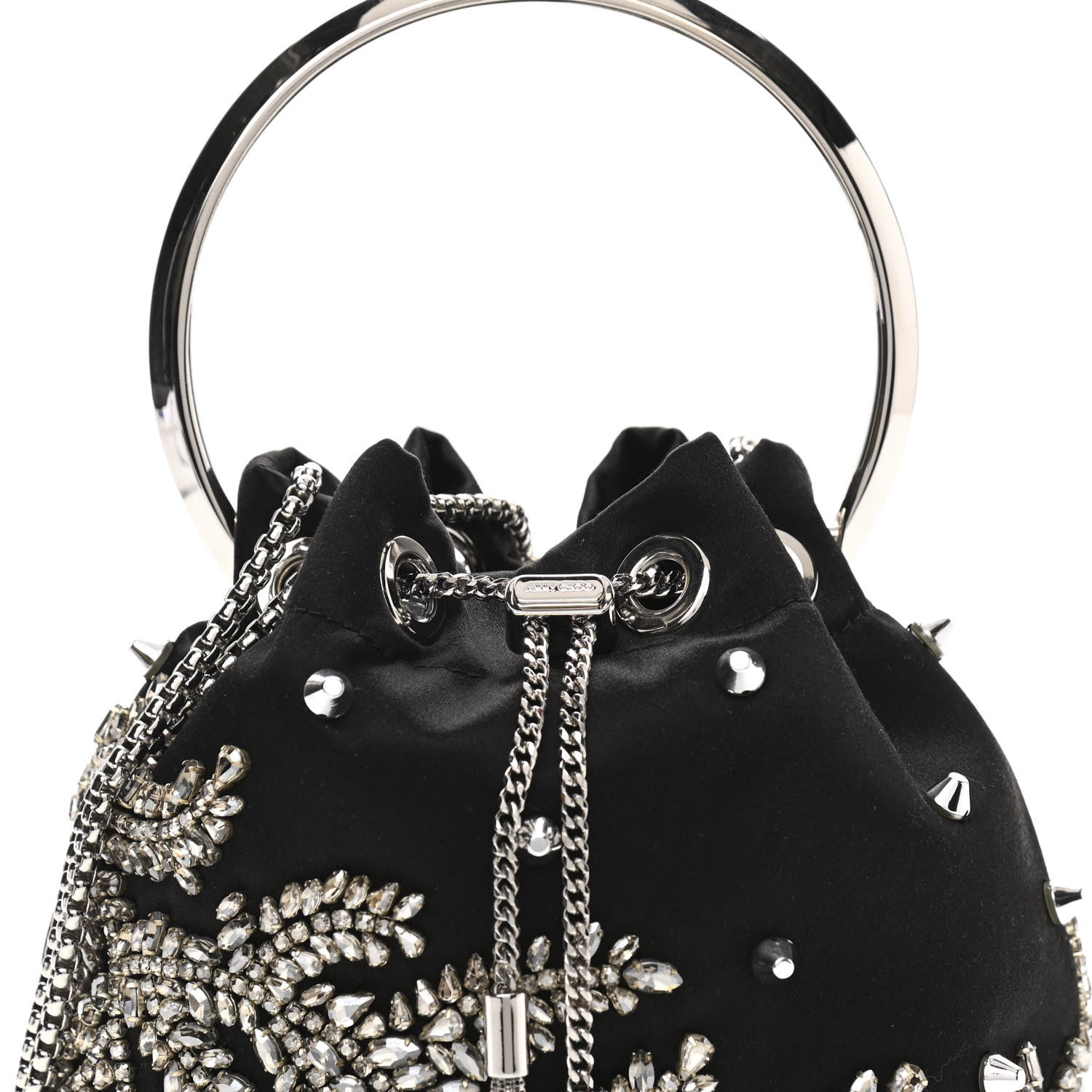 Jimmy Choo Satin Crystal Embellished Bon Bon Bucket Bag Black 8 of 11