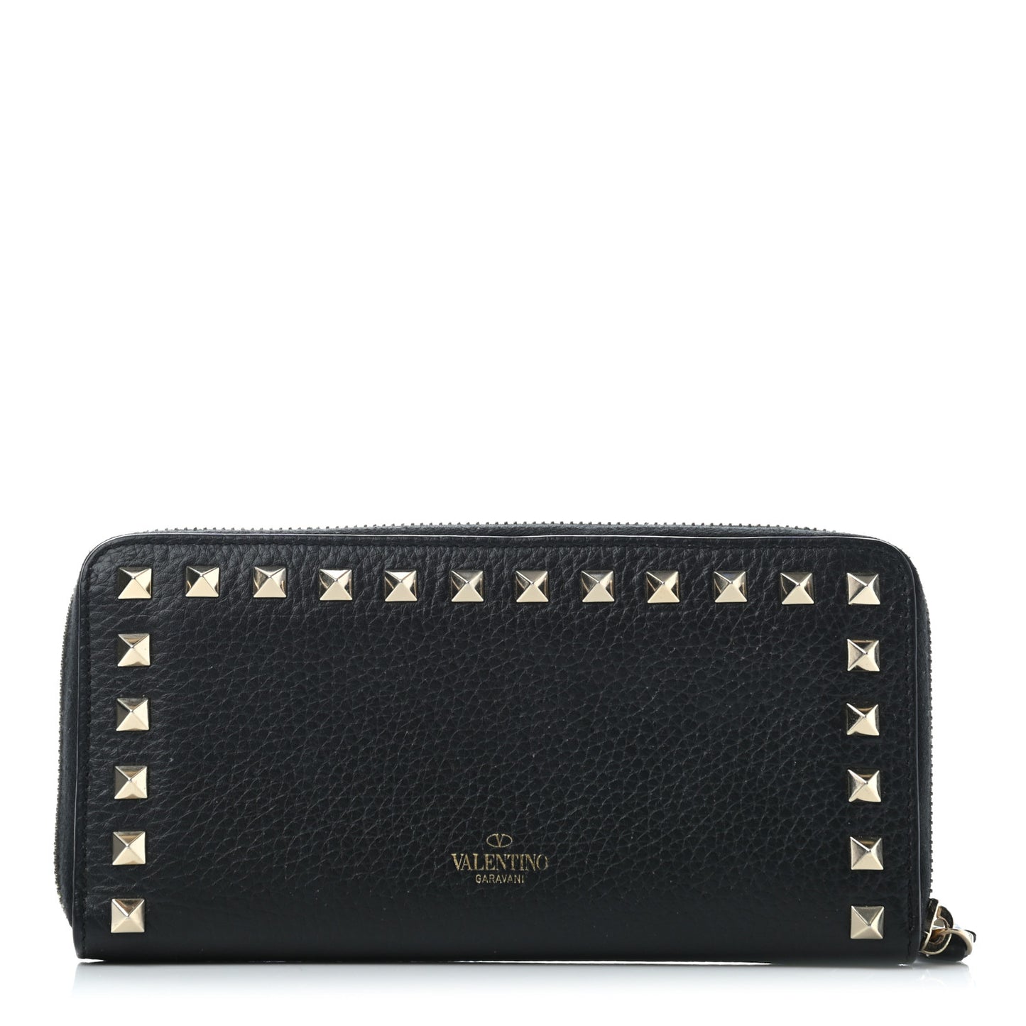 Pebbled Calfskin Rockstud Zip Around Wallet Black