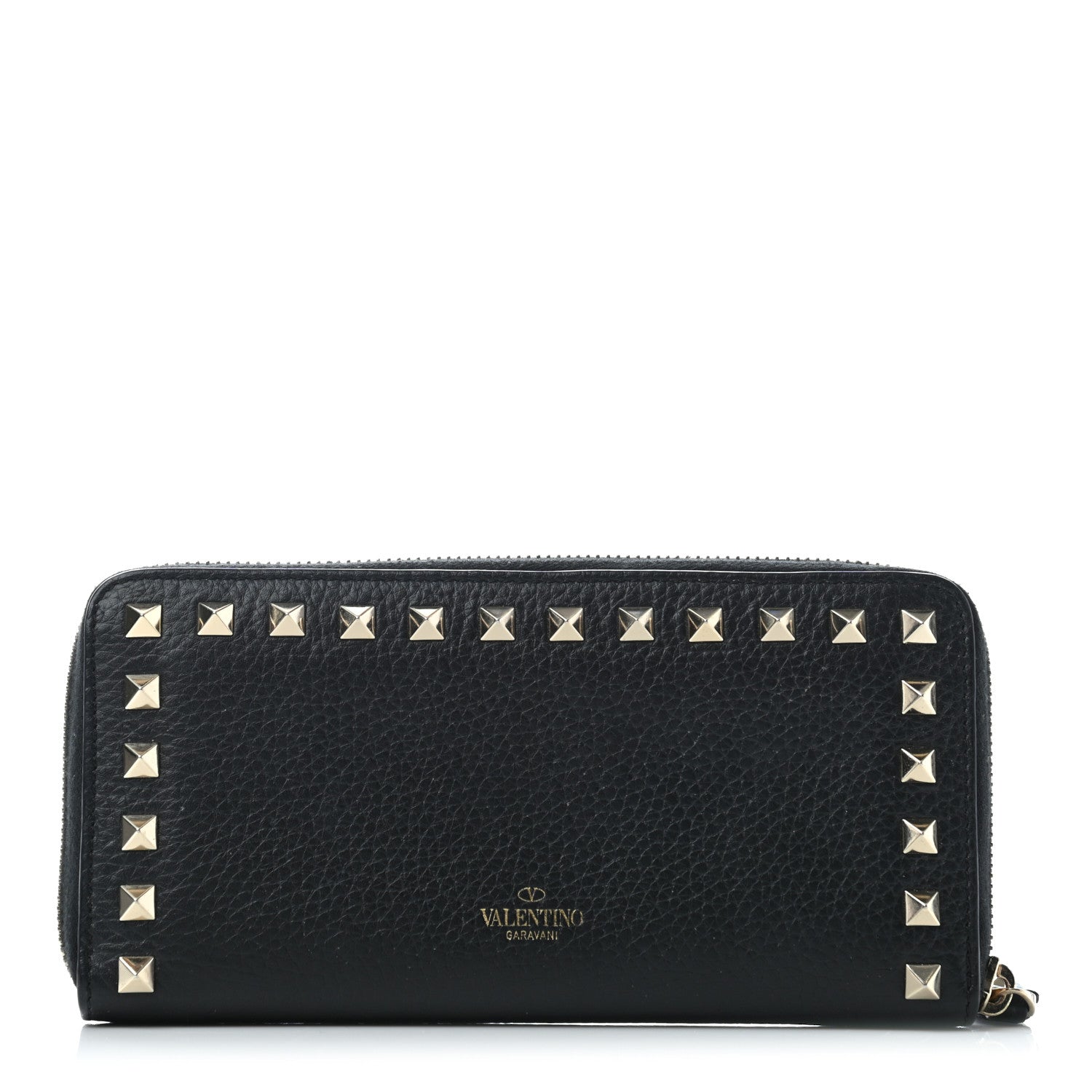 Valentino Garavani Pebbled Calfskin Rockstud Zip Around Wallet Black 1 of 10