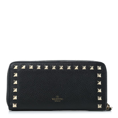 Valentino Garavani Pebbled Calfskin Rockstud Zip Around Wallet Black 1 of 10