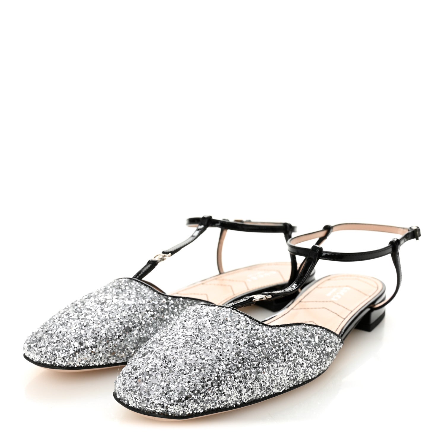 Gucci Calfskin Glitter Double G Slingback Flats 39 Silver Black 3 of 8