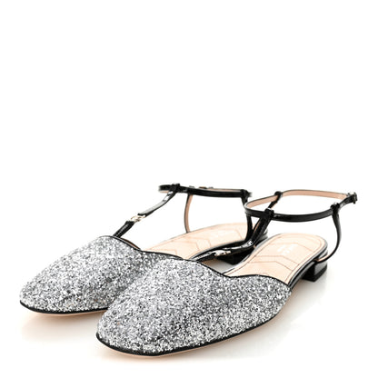 Gucci Calfskin Glitter Double G Slingback Flats 39 Silver Black 3 of 8