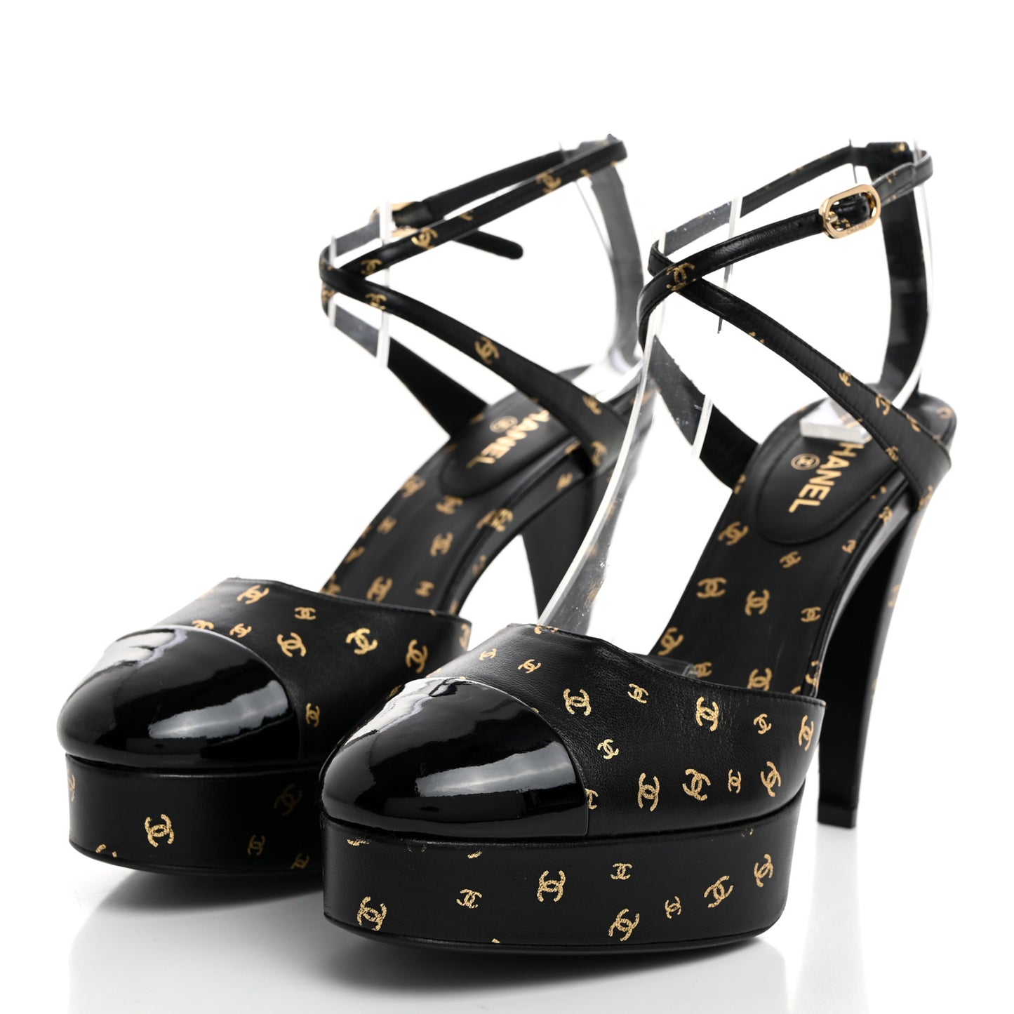 Printed Lambskin CC Platform Pumps 36.5 Black Gold