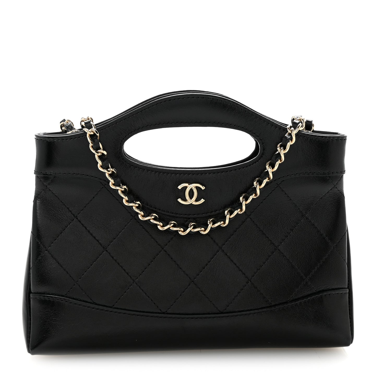 Shiny Crumpled Calfskin Quilted Nano 31 Shopping Bag Black