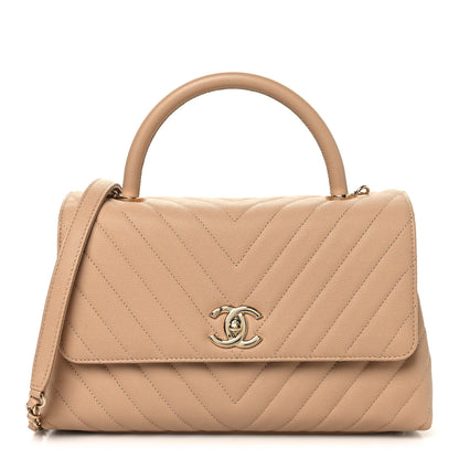 Chanel Caviar Chevron Quilted Small Coco Handle Flap Beige 1 of 12
