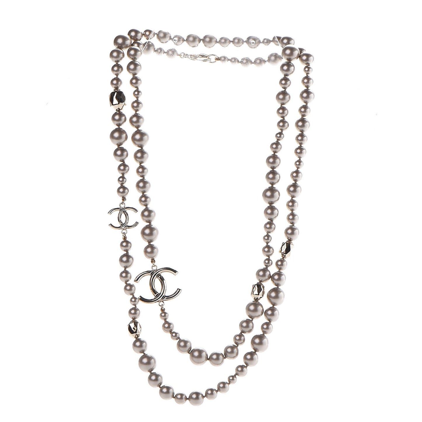 Resin Pearl CC Long Necklace in Golden Pearly Beige