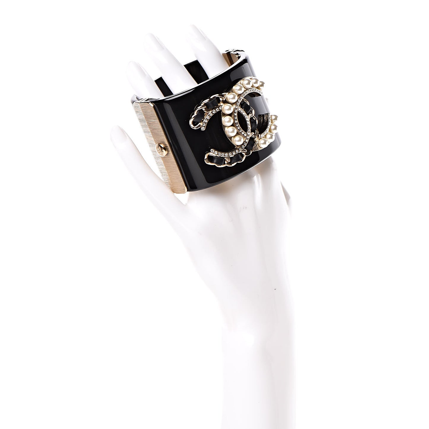 Resin Crystal Pearl Lambskin CC Cuff Black
