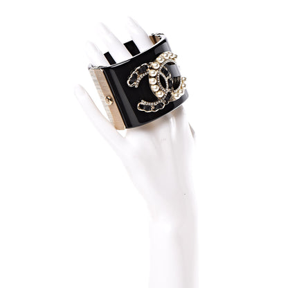 Chanel Resin Crystal Pearl Lambskin CC Cuff Black 2 of 6
