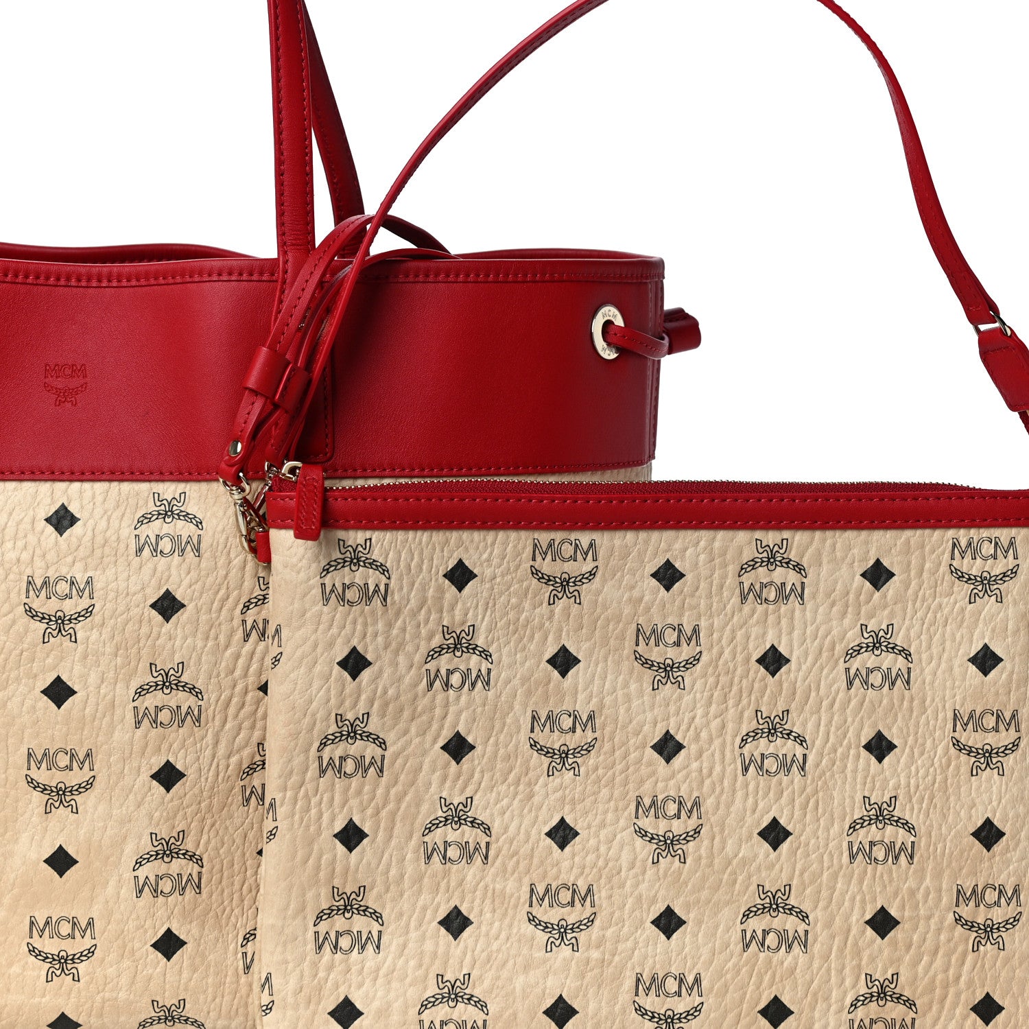 MCM Visetos Shopper Tote Beige Red 7 of 12