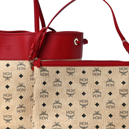 MCM Visetos Shopper Tote Beige Red 7 of 12
