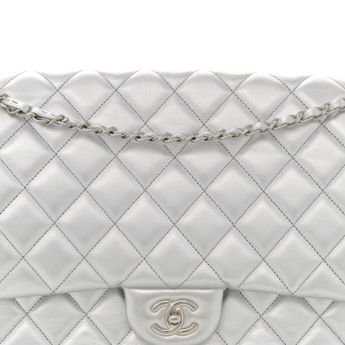 Metallic Lambskin Quilted XXL Travel Flap Bag Silver