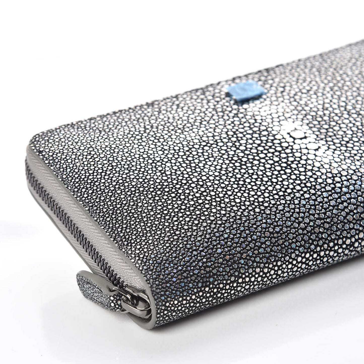 Metallic Galuchat Stingray Zip Around Wallet Silver