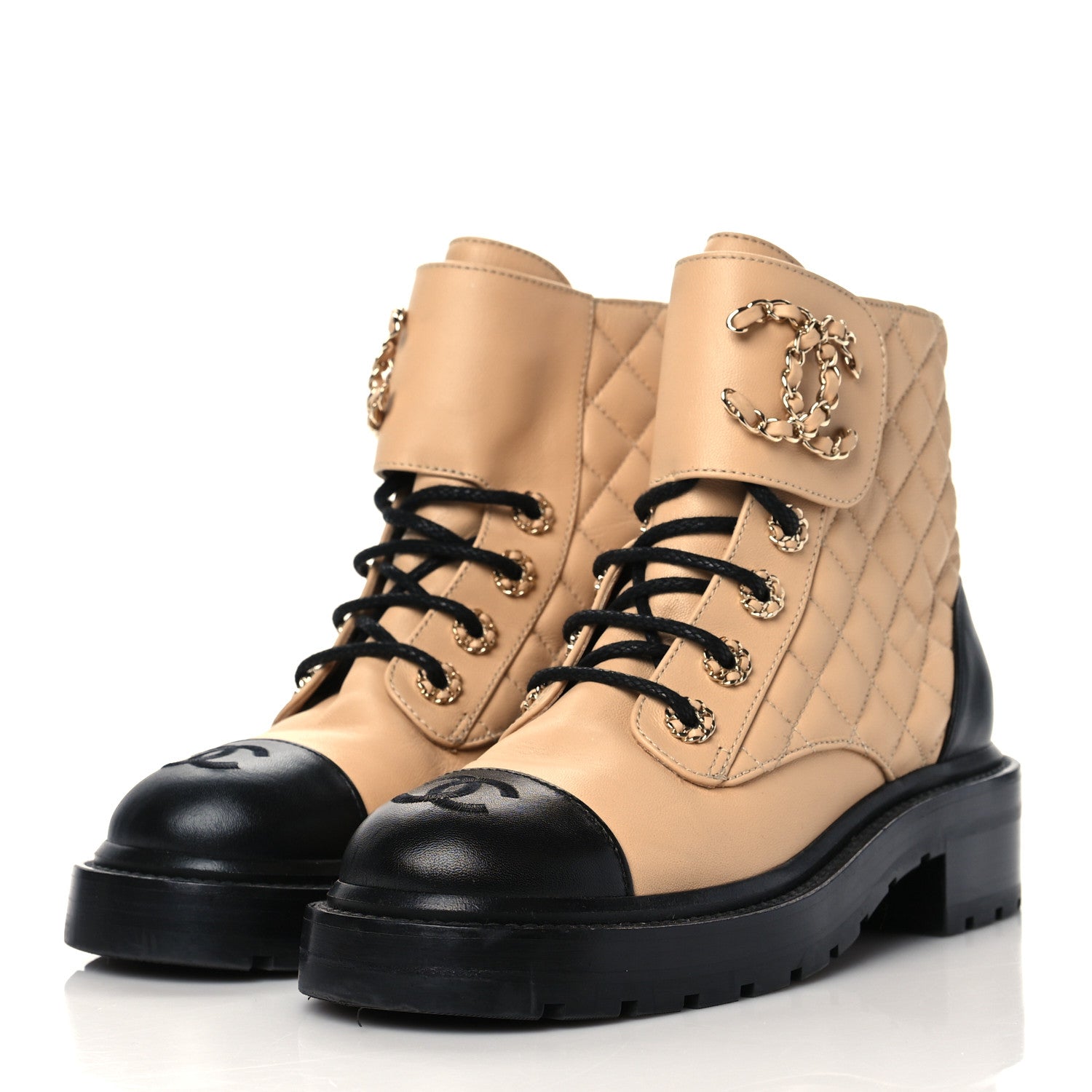 Chanel Lambskin Calfskin Quilted Lace Up Combat Boots 36 Beige Black 3 of 8