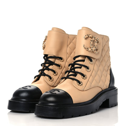 Chanel Lambskin Calfskin Quilted Lace Up Combat Boots 36 Beige Black 3 of 8