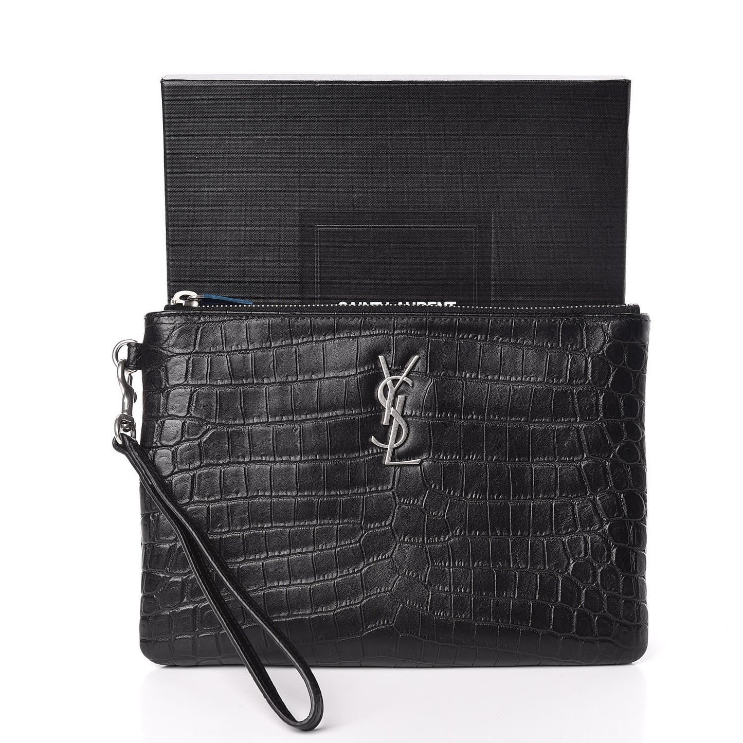 Calfskin Crocodile Embossed Monogram Zip Pouch Black