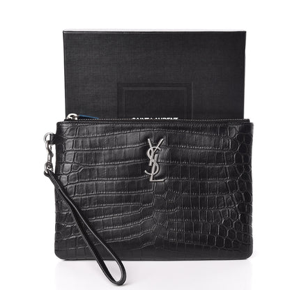 Saint Laurent Calfskin Crocodile Embossed Monogram Zip Pouch Black 8 of 8