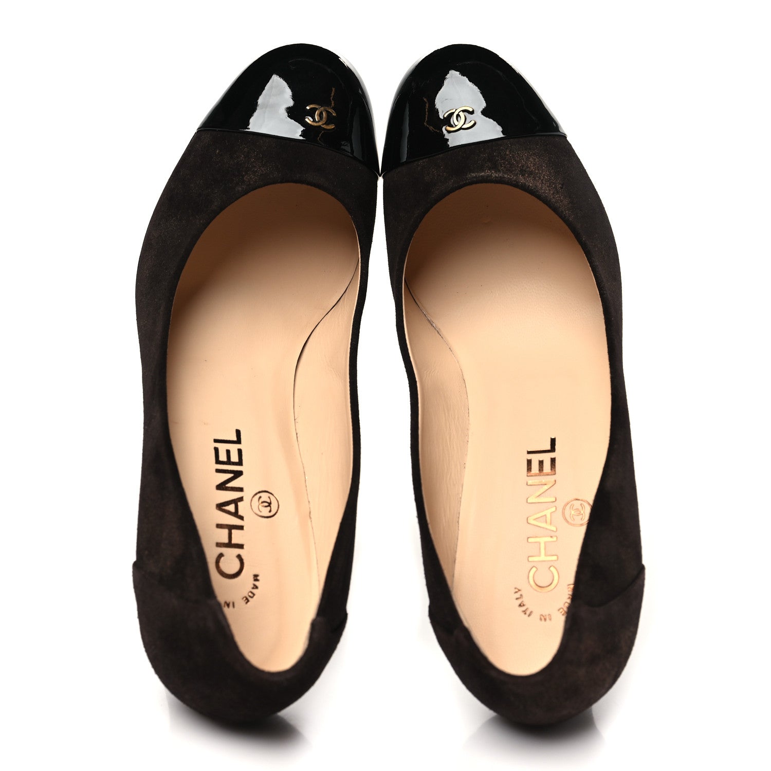 Chanel Coated Suede CC Cap Toe Pumps 38.5 Black Brown 2 of 9