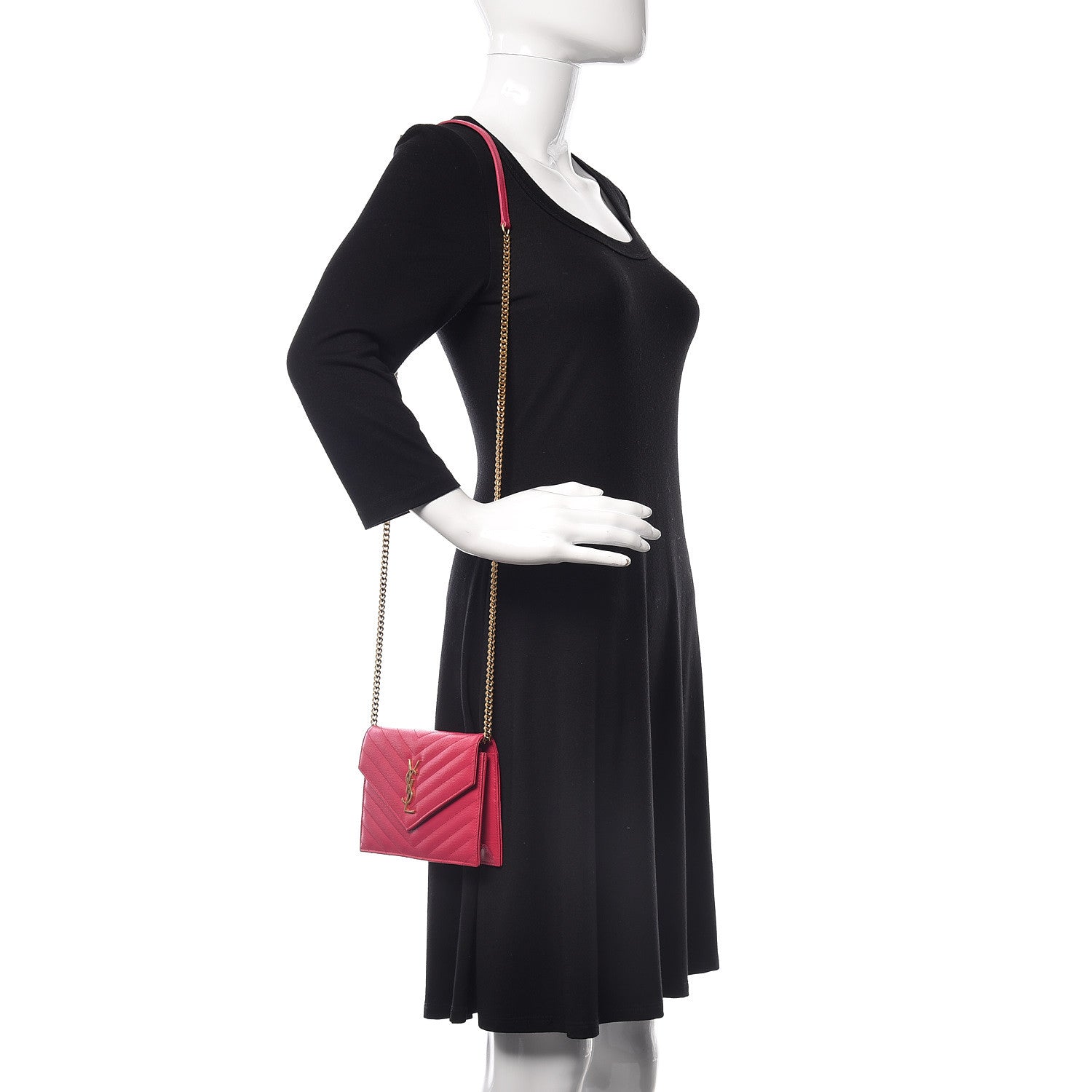 Saint Laurent Grain De Poudre Matelasse Chevron Monogram Envelope Chain Wallet Fresh Fuchsia 2 of 15