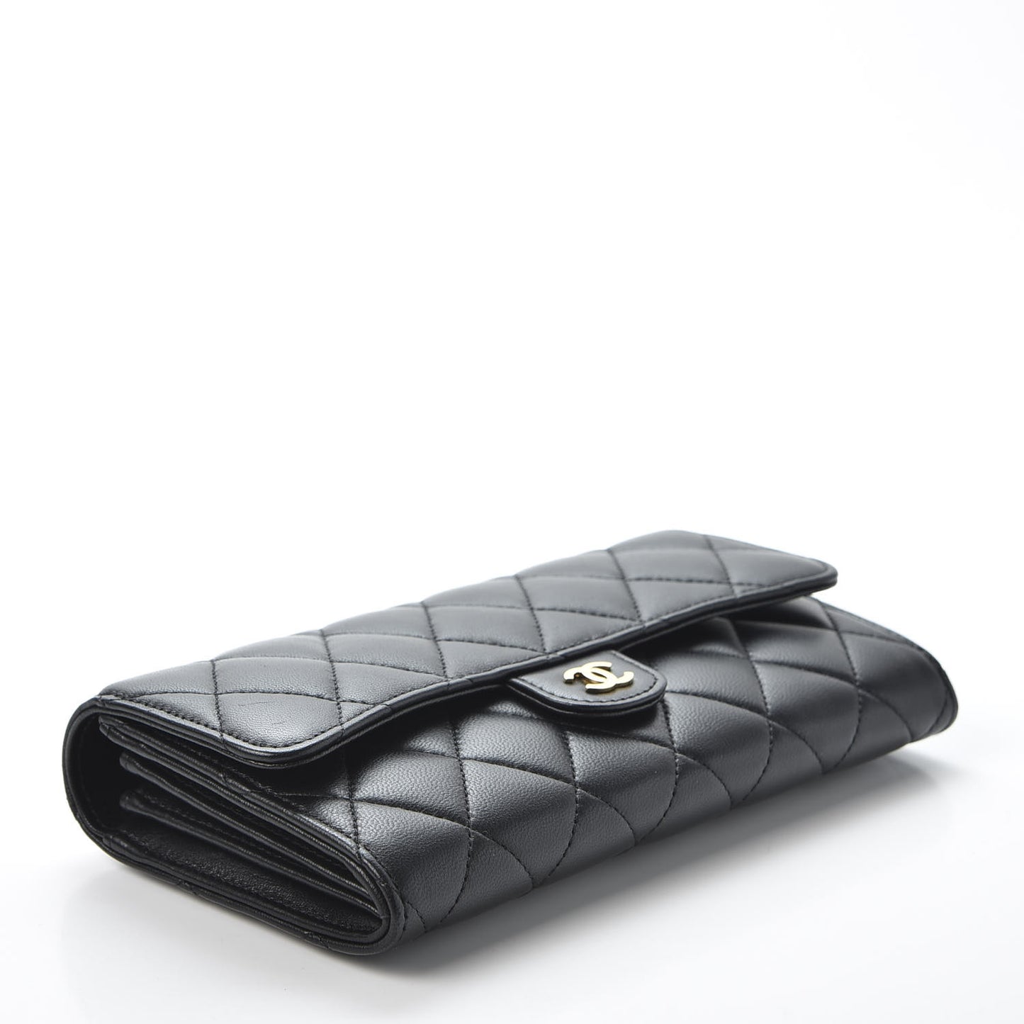 Lambskin Quilted Large Gusset Flap Wallet Black